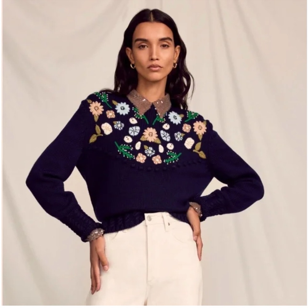 Pearl by Lela Rose Navy Blue Floral Embroidered 100% Wool Sweater Size XS